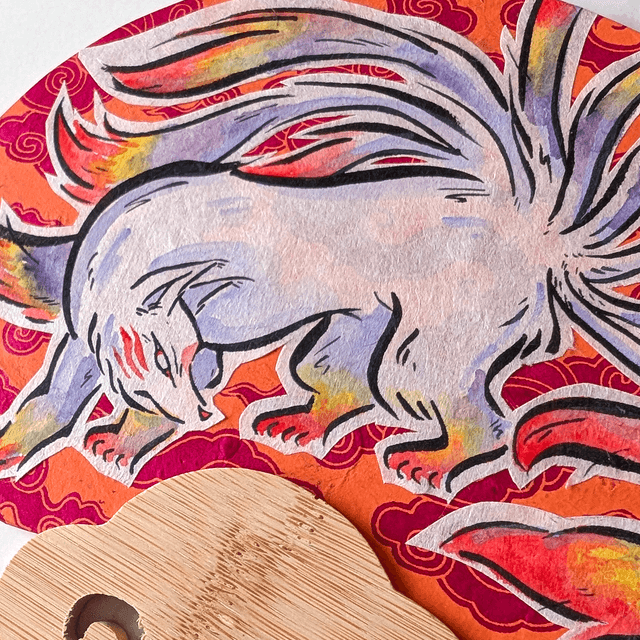 Uchiwa Kyūbi no kitsune 九尾の狐 - Orange, jaune & violet 🧡💛💜