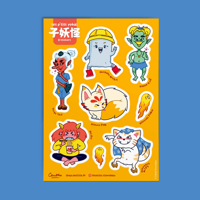 Planche de 8 stickers &quot;les p&#039;tis Yōkai&quot;